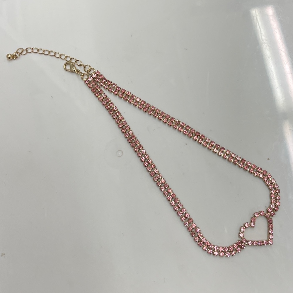 Barbie Pink Crystal Heart Choker Princess Jewelry CZ Rhinestone Necklace Chain